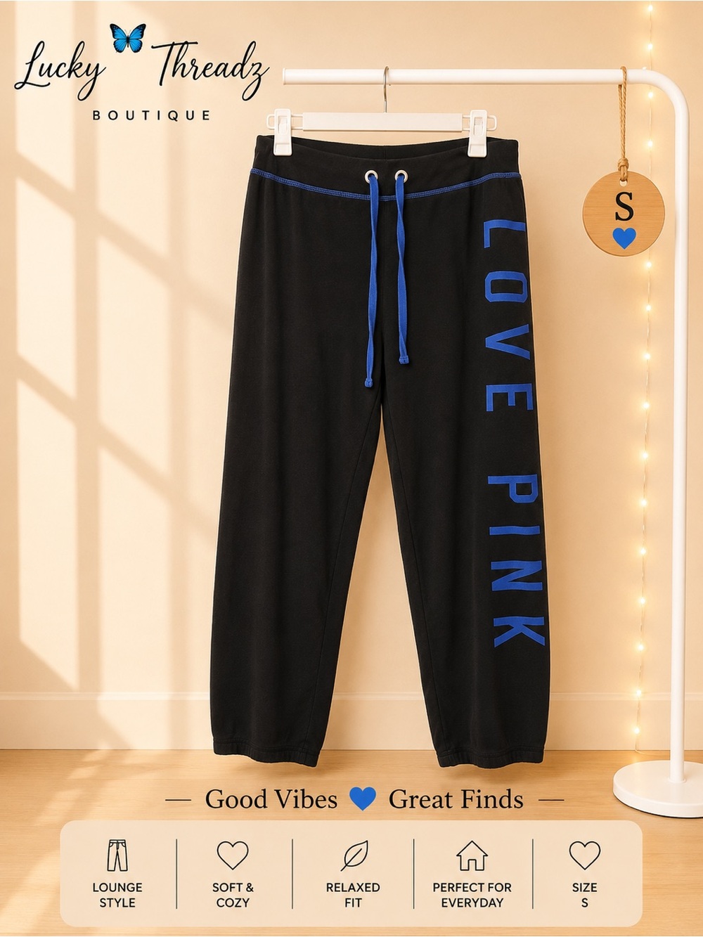 PINK VS Black Blue Logo Lounge Pants S